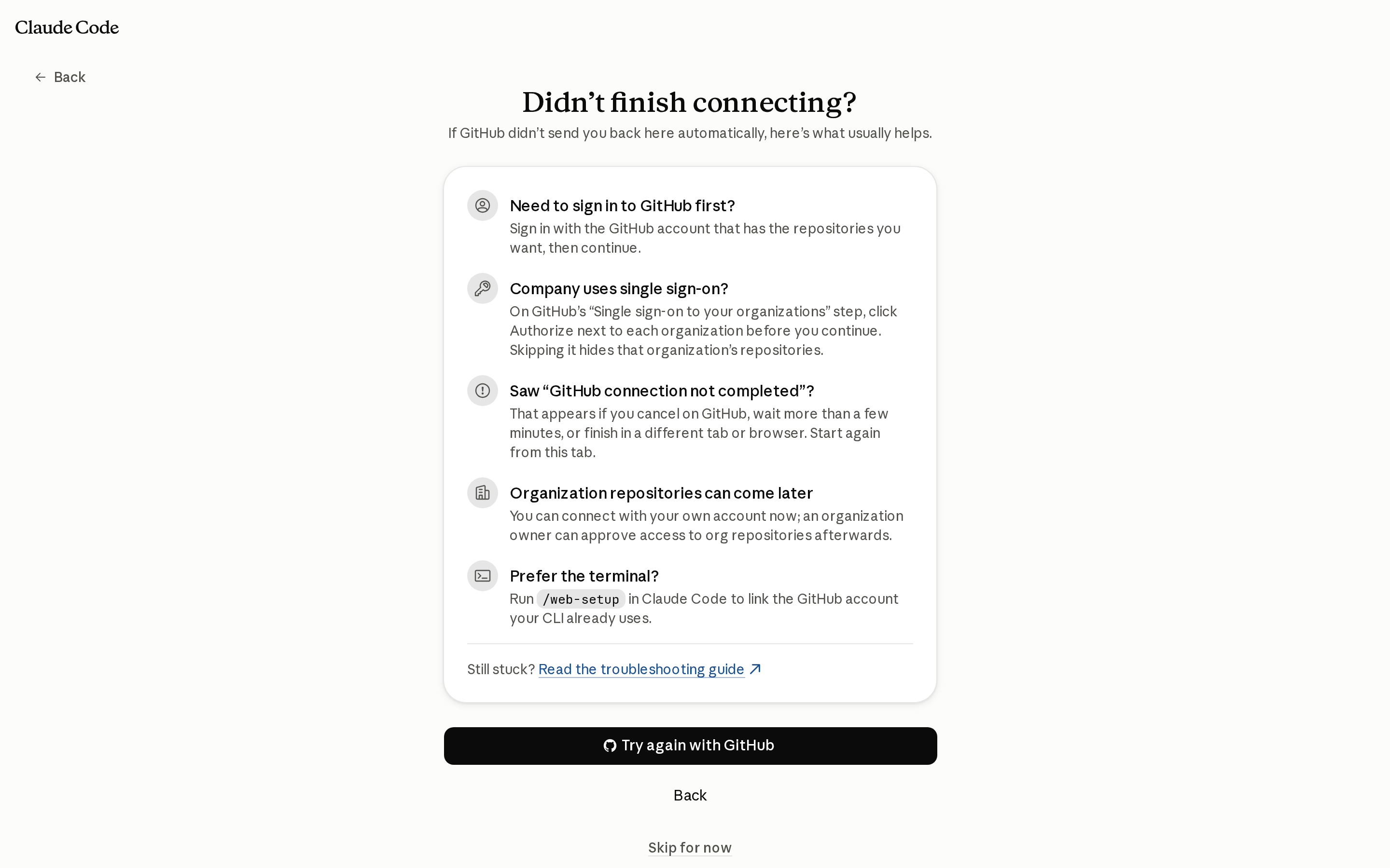 The Didn't finish connecting screen with five tips: sign in to the right GitHub account, authorize each organization on the single sign-on step, start again if you saw GitHub connection not completed, connect your own account first and let an owner approve organization access later, or run /web-setup from the terminal.