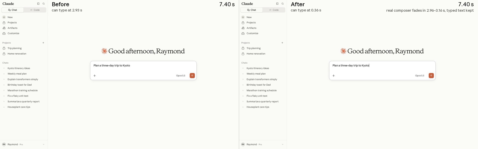Side-by-side recording of a fresh load of claude.ai. Before, the page stays blank and the composer takes input at 2.93 seconds. After, a static greeting and composer take input at 0.36 seconds; the user types a message, and the text is kept when the real composer fades in at about 3 seconds.