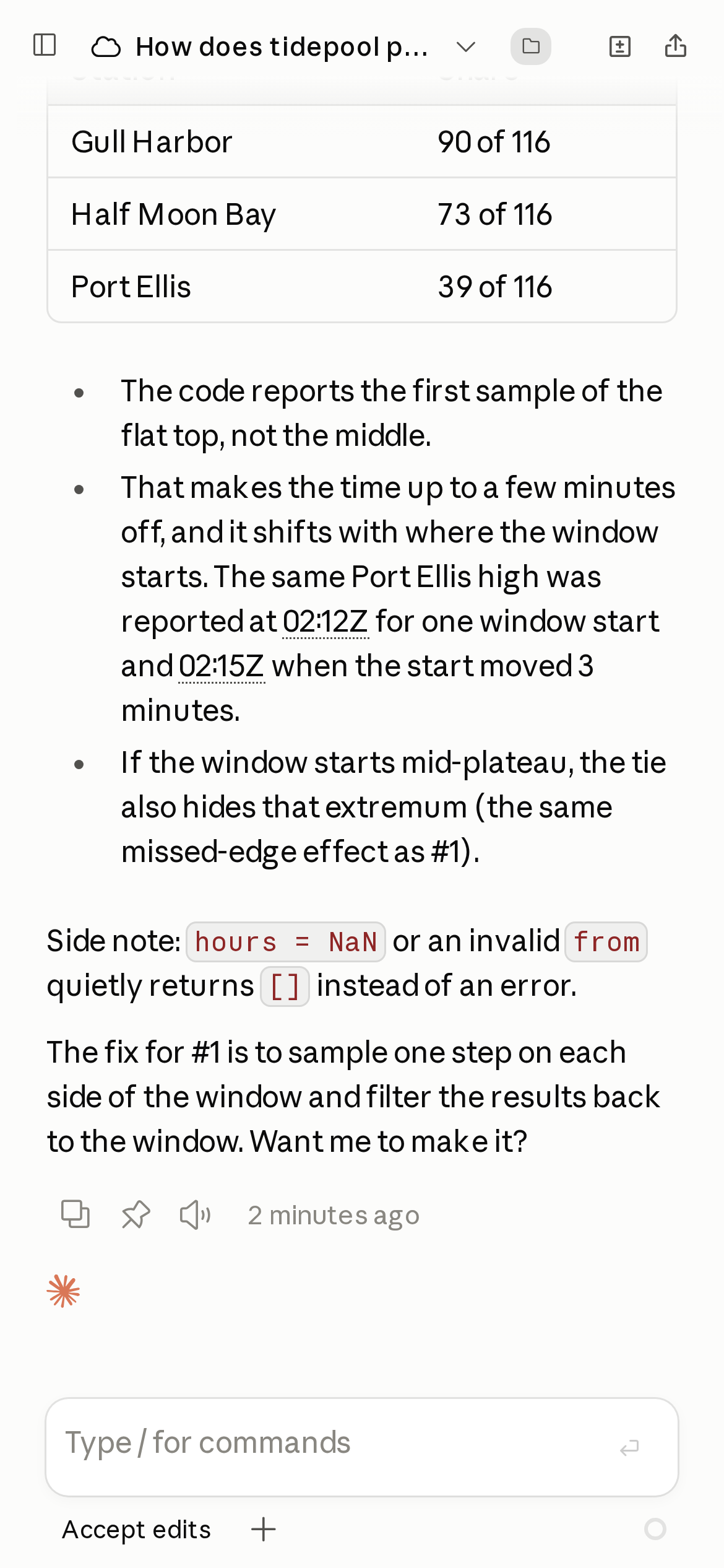 The end of the answer: a table of how often reported highs and lows had an equal-height neighbour per station, and the proposed fix.