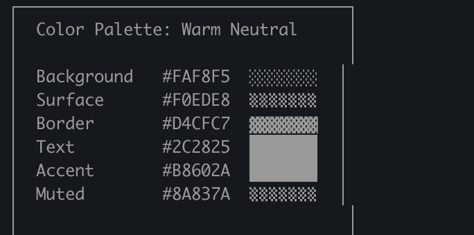 A color palette rendered in a Markdown code block as ASCII: hex codes beside blocks of shading characters standing in for swatches.