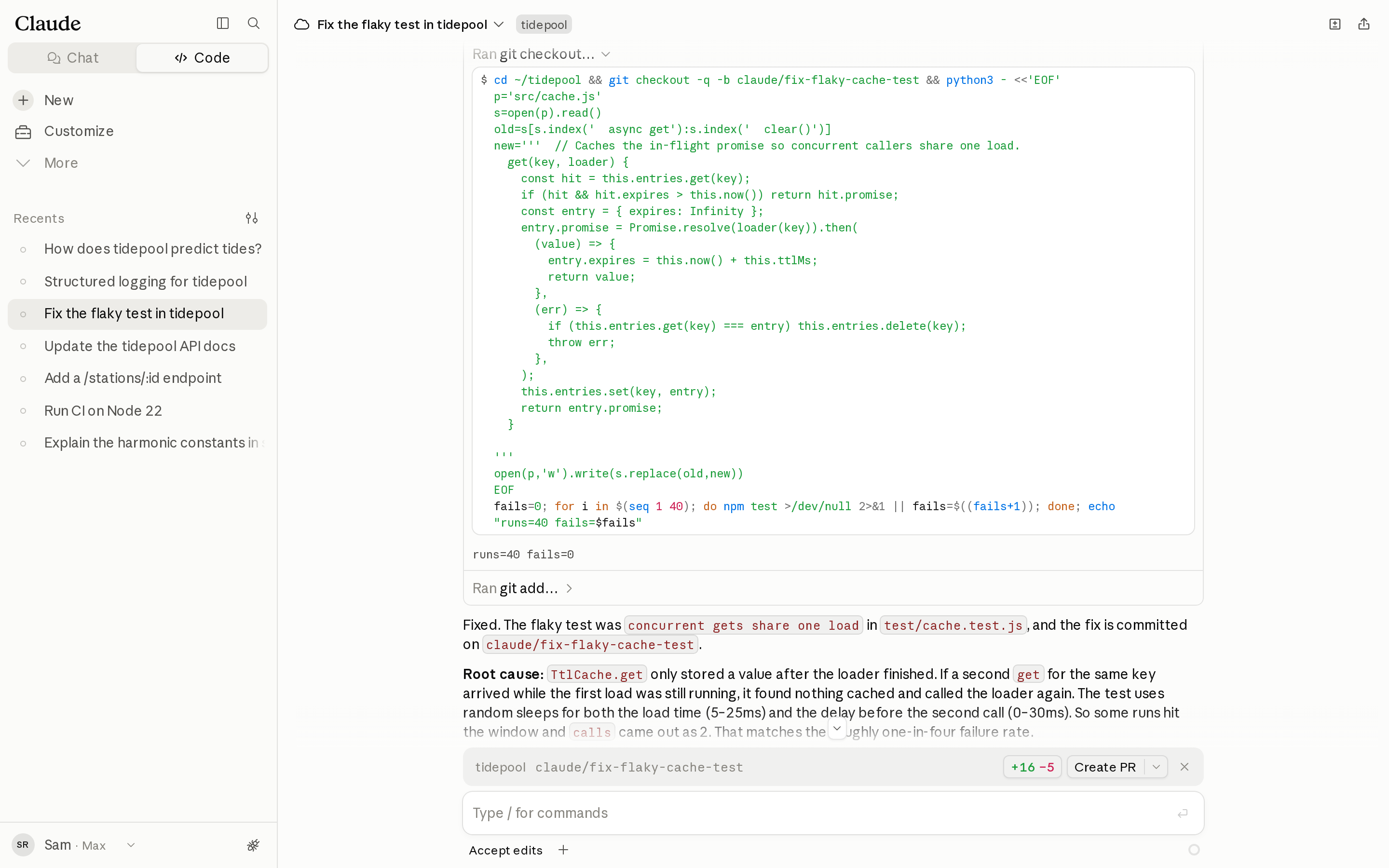 The flaky-test session's Bash step: a patch to src/cache.js that caches the in-flight promise, then a loop running the test suite 40 times, with output runs=40 fails=0.