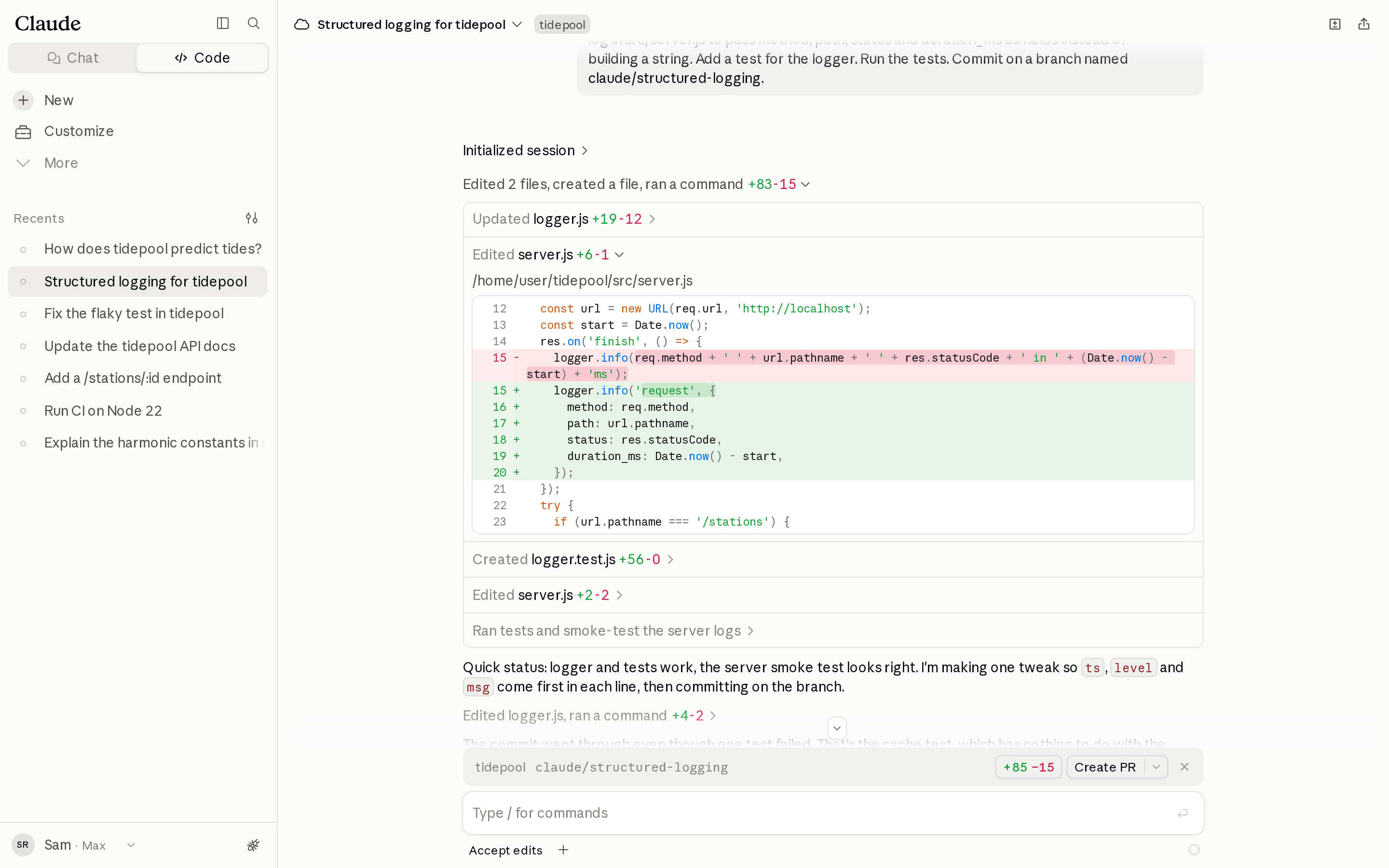 claude.ai/code showing the Structured logging session: an expanded diff of src/server.js replacing a string-built request log with logger.info('request', { method, path, status, duration_ms }), and a branch bar for claude/structured-logging with a Create PR button.