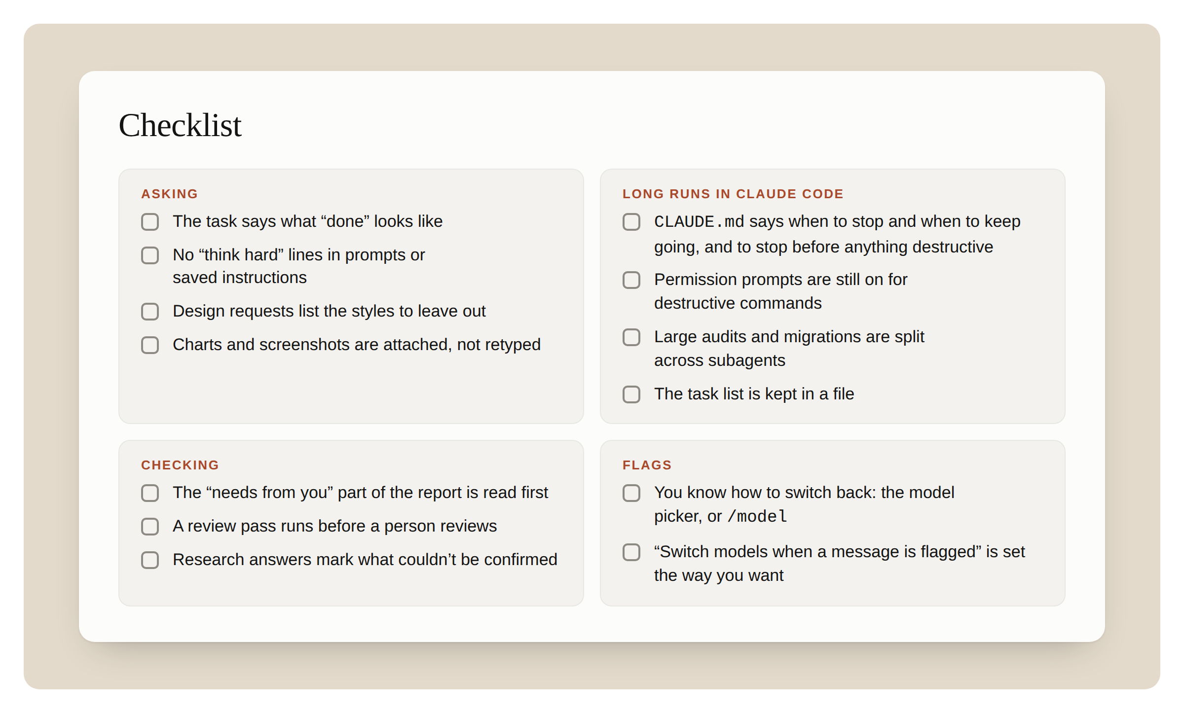 The checklist as a card with four groups of checkbox items: Asking, Long runs in Claude Code, Checking, and Flags. The same items are listed as text below.