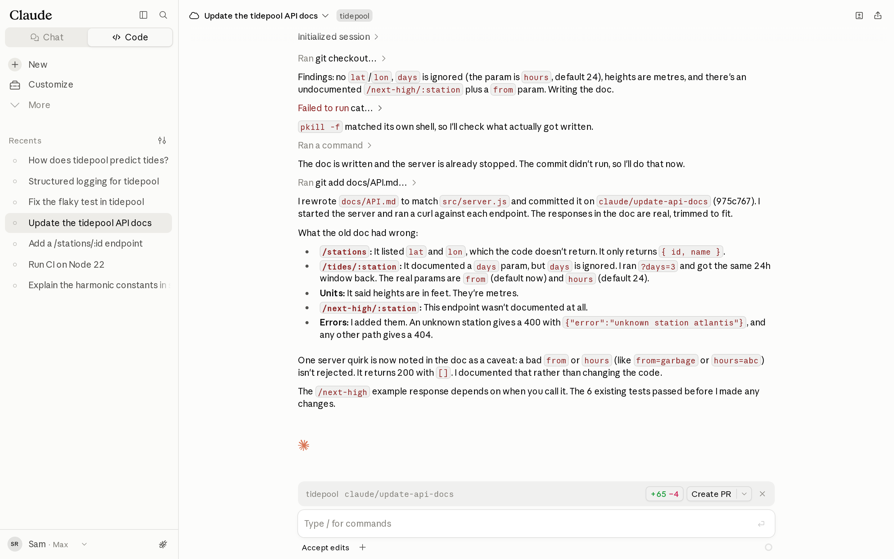 The Update the tidepool API docs session: Claude's summary of the five ways the old docs/API.md was wrong.