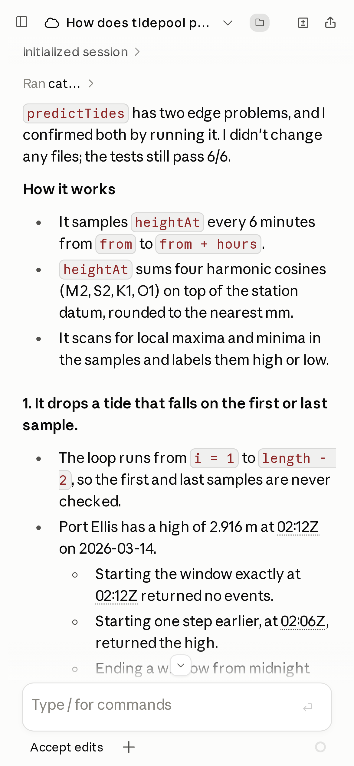 Phone-width claude.ai/code showing the start of Claude's answer: predictTides has two edge problems, confirmed by running it, with a How it works section.