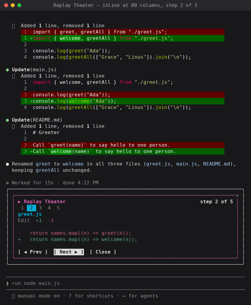 A tall terminal window with a magenta-bordered box above the prompt: a numbered step strip, the file greet.js, a one-line diff, and Prev, Next and Close buttons.