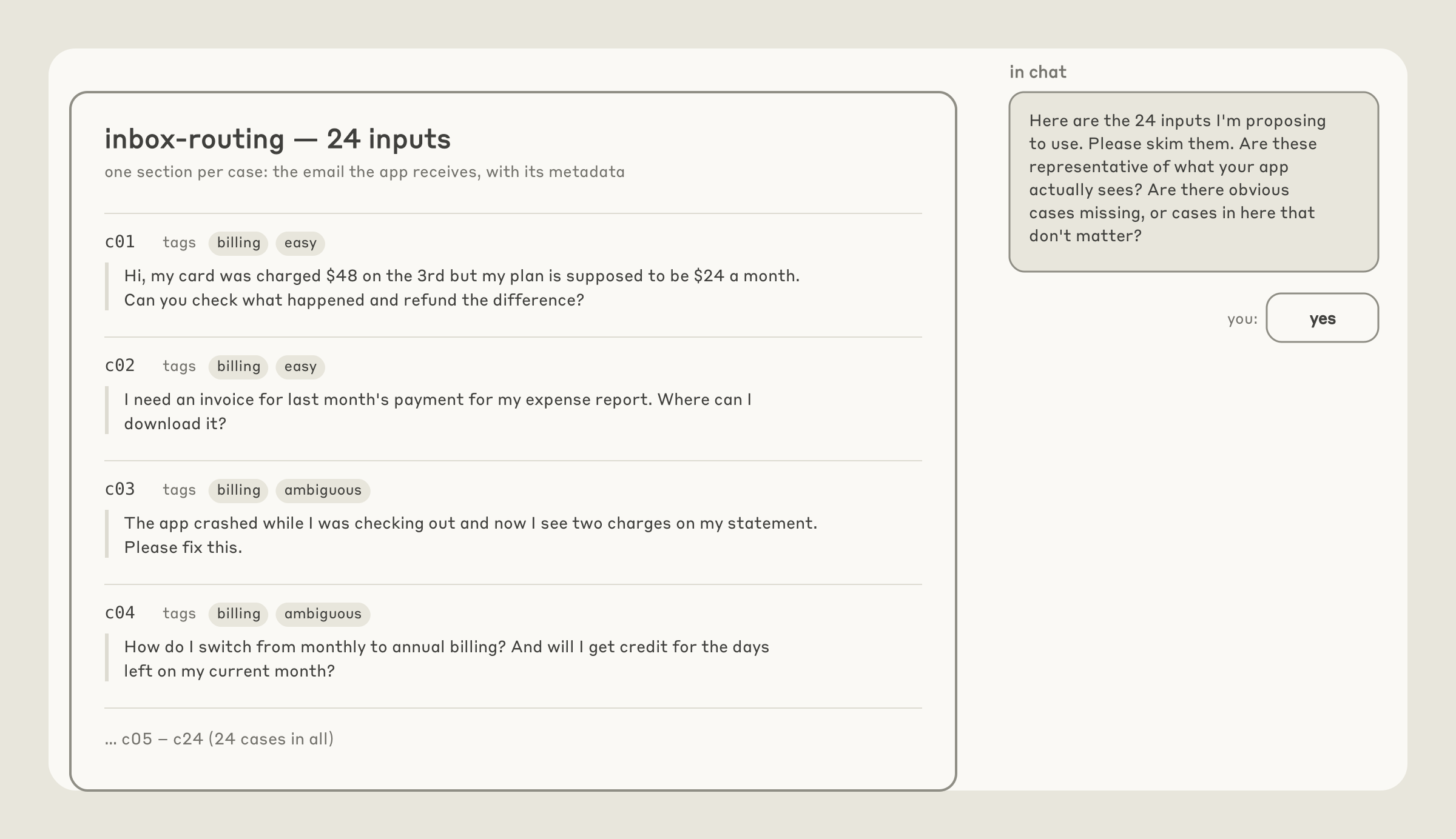 The skill’s review page for an inbox-routing eval with 24 inputs, listing each case’s email text with tags such as billing, easy and ambiguous. Beside it, Claude asks in chat whether the inputs are representative, and the user answers yes.