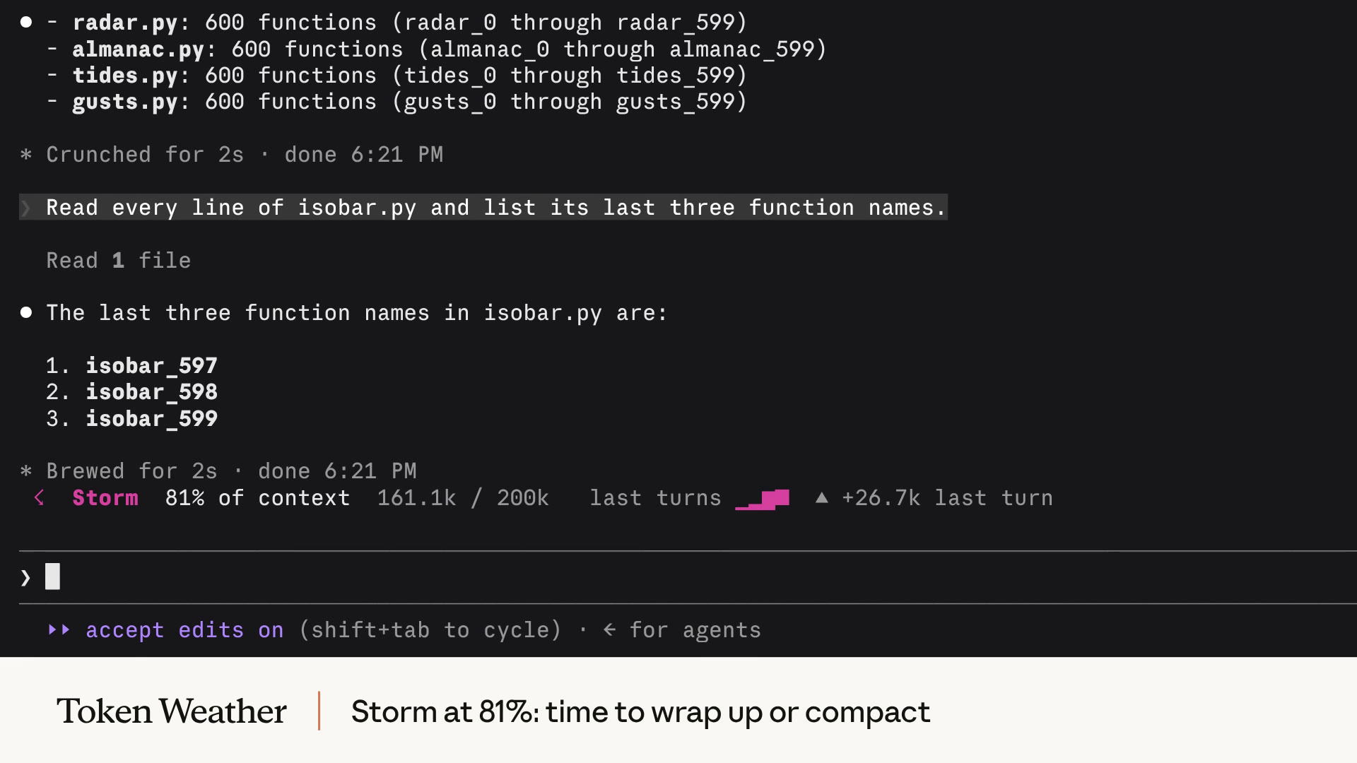 Claude Code 터미널 입력창 위에 Storm 81% of context 161.1k / 200k 띠가 표시된 화면