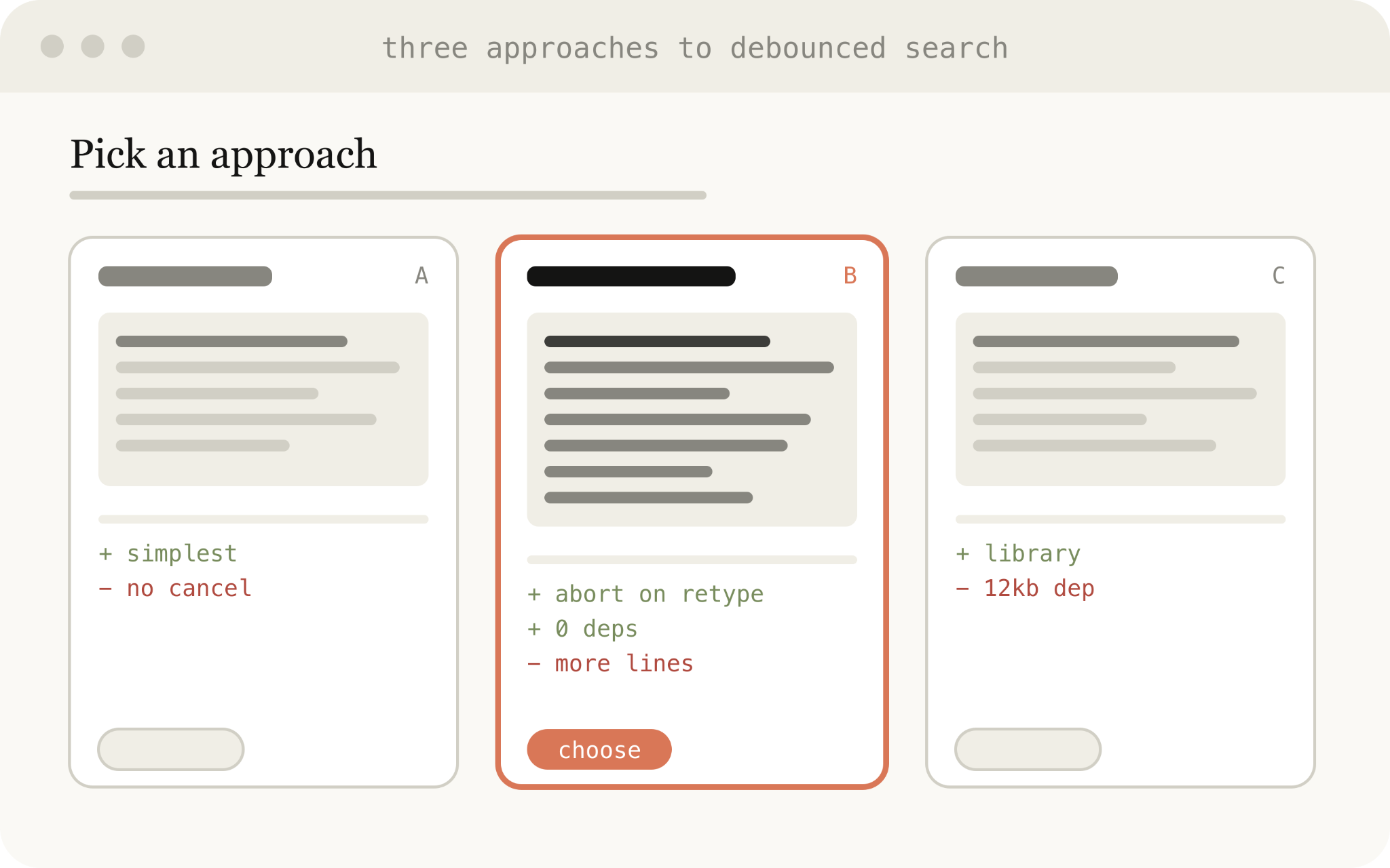 An HTML page titled “Pick an approach” laying out three approaches to debounced search side by side as cards A, B and C, each with code and pros and cons; B is selected.