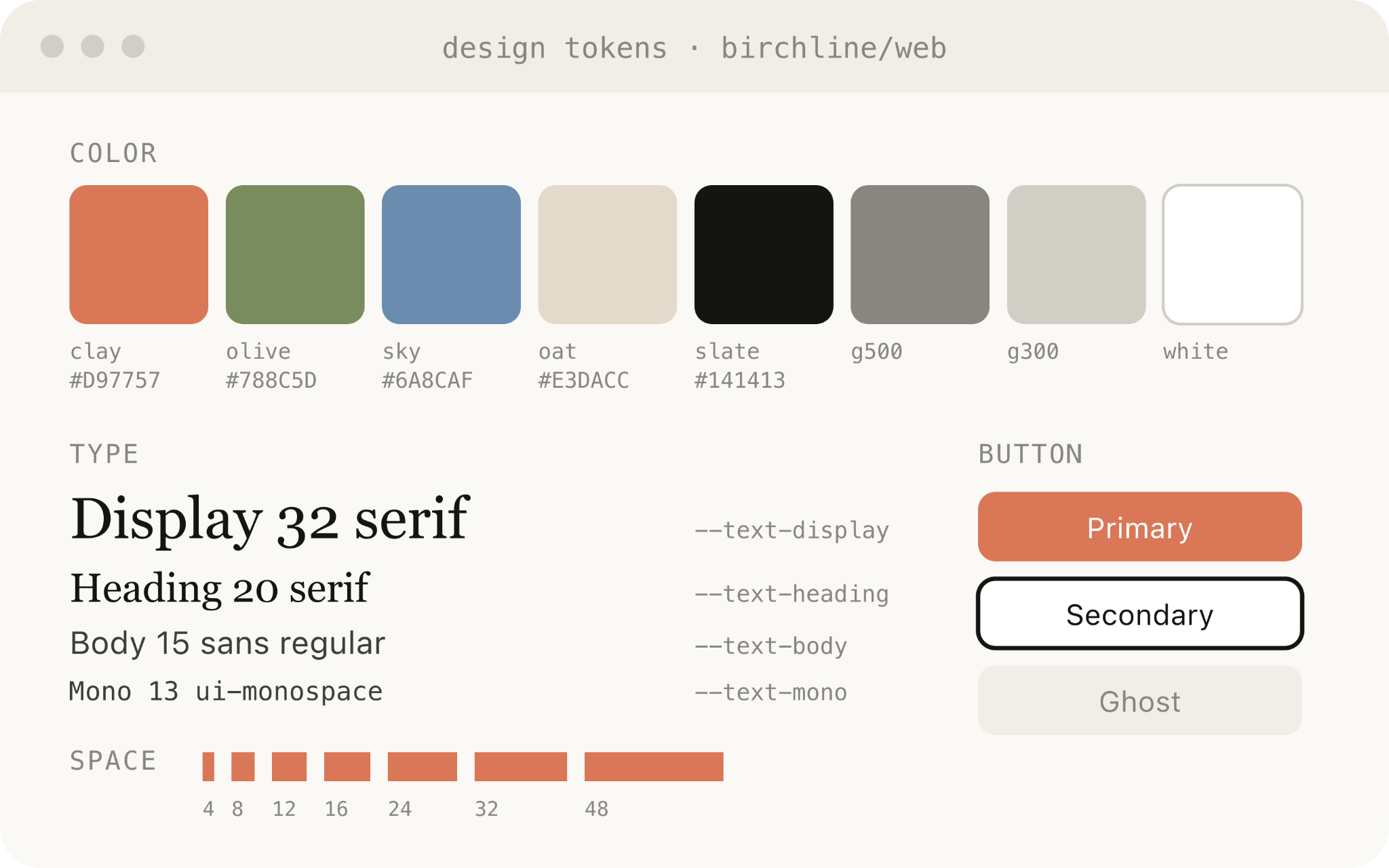 A design tokens page for a web app: color swatches with names and hex codes, a type scale, a spacing scale and primary, secondary and ghost buttons.