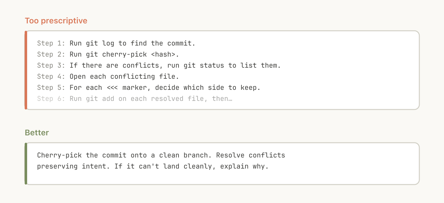 Two versions of cherry-pick instructions. Too prescriptive: six numbered steps spelling out each git command. Better: “Cherry-pick the commit onto a clean branch. Resolve conflicts preserving intent. If it can’t land cleanly, explain why.”