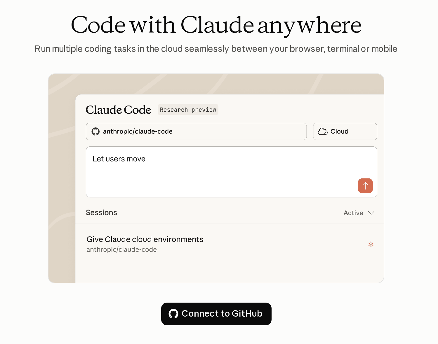 The Code with Claude anywhere screen with a Connect to GitHub button.